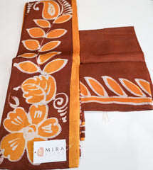 Mustard Yellow with Brown Color Floral Design Bengal Silk Saree