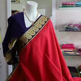 Red Mysore Crepe Silk Saree With Dark Blue Border - 120 GSM