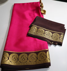 Blush Pink Mysore Pure Silk Saree With Paprika Red Border