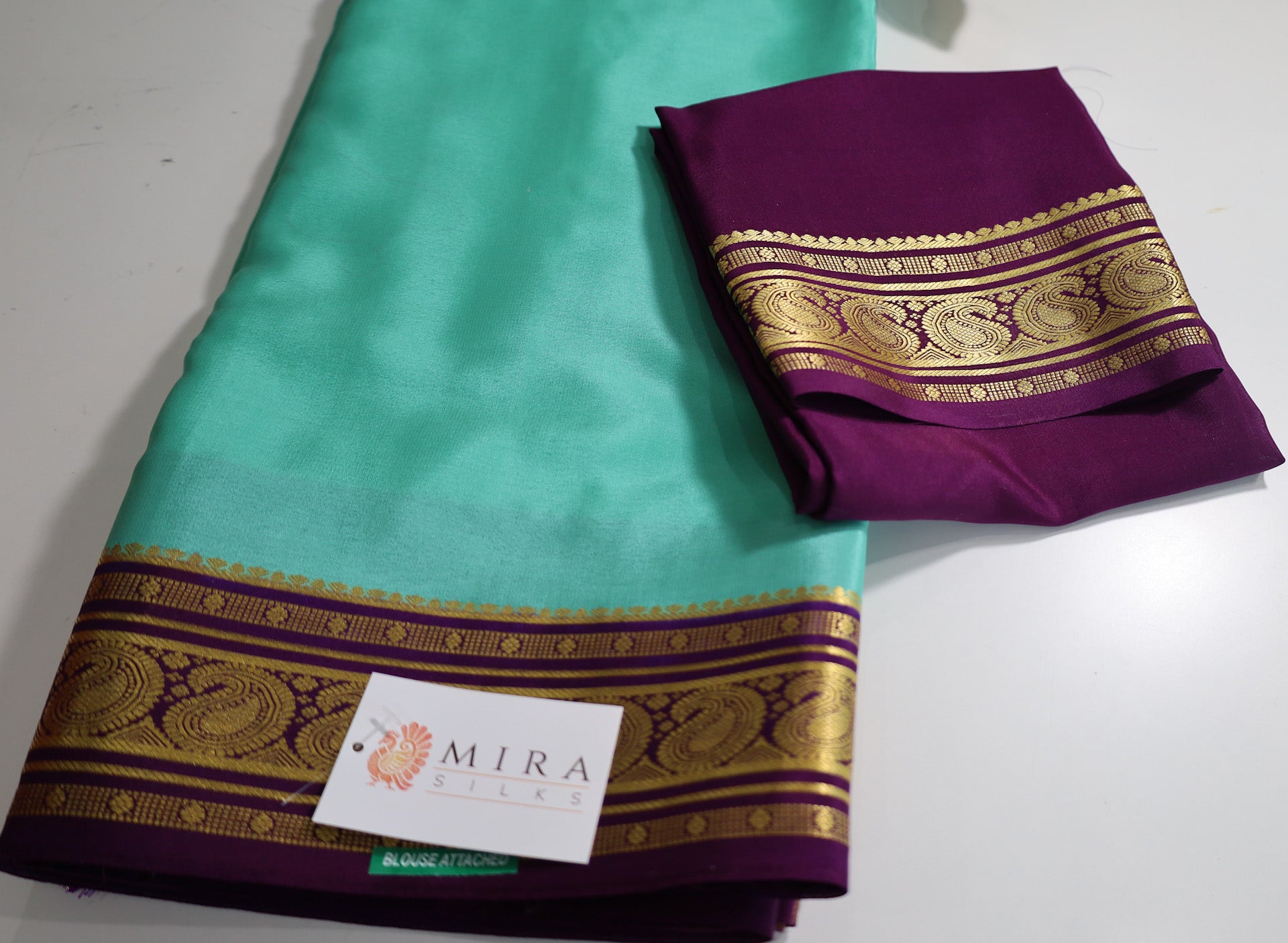 Turquoise Blue Mysore Pure Silk Saree With Dark Purple Border