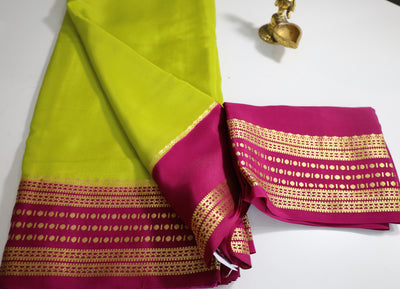 Parrot Green Mysore Pure Silk Saree With Ruby Pink Border