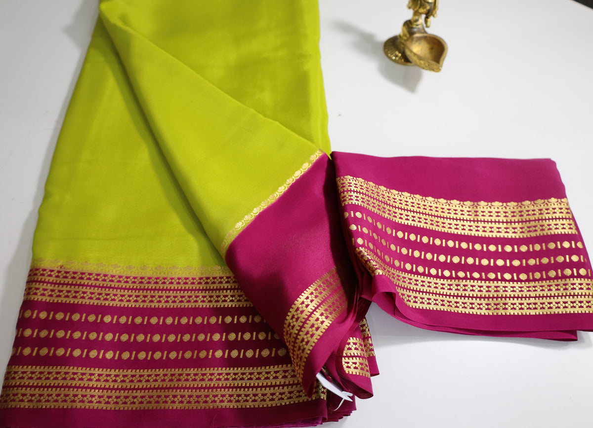 Parrot Green Mysore Pure Silk Saree With Ruby Pink Border