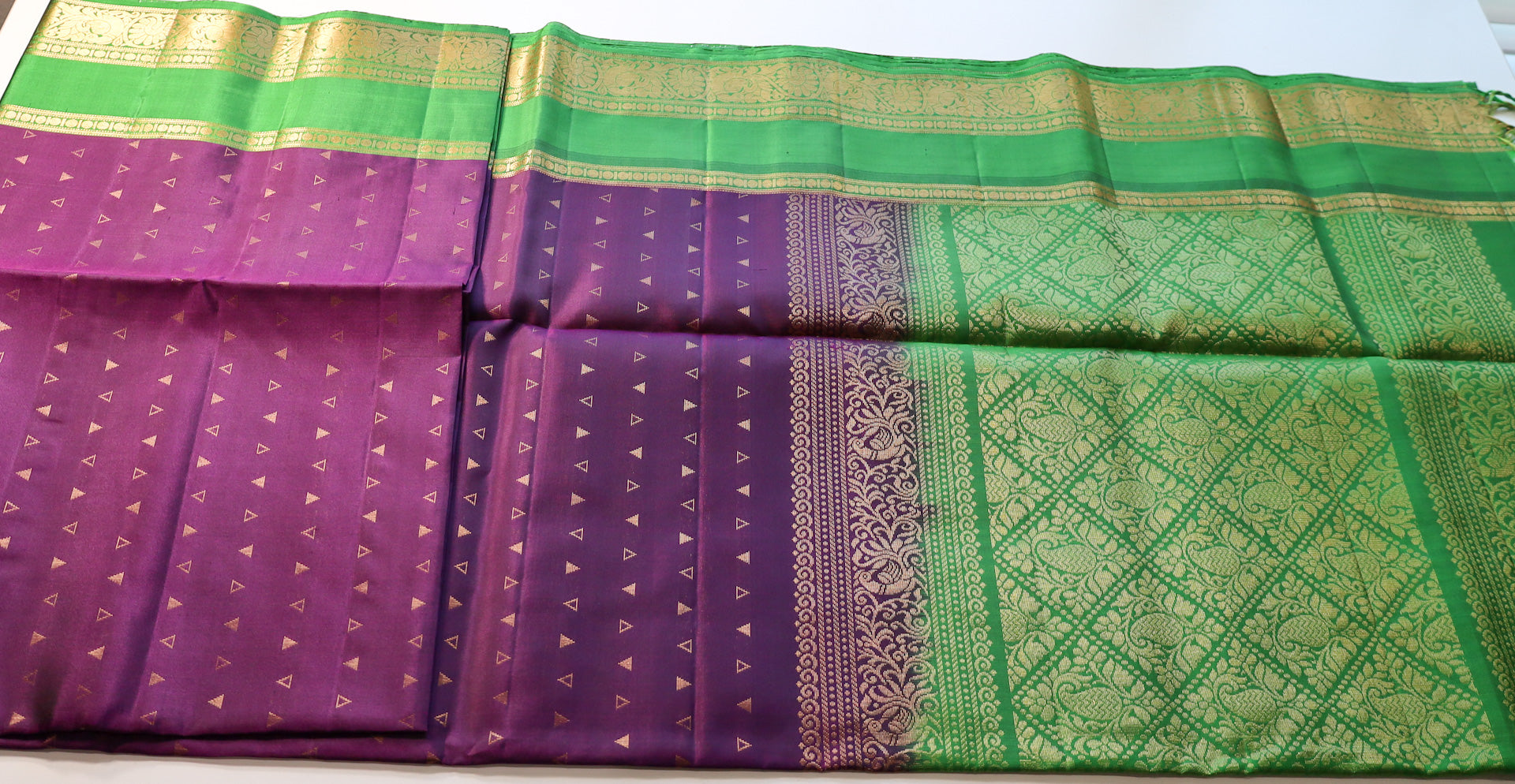 Purple Soft Silk Saree with Green Pallu