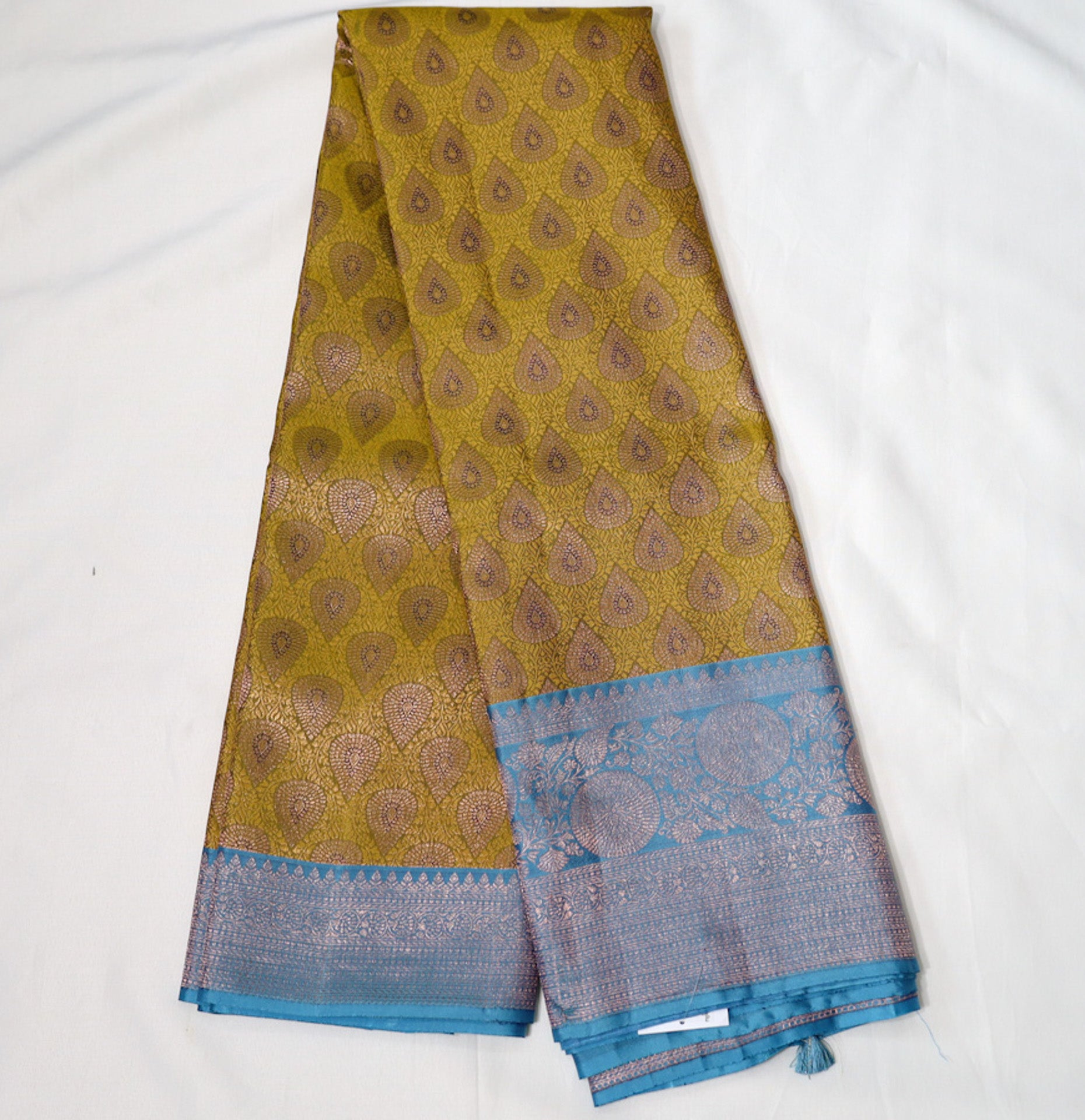 Moss Green Kanjivaram Saree with Sky Blue Border