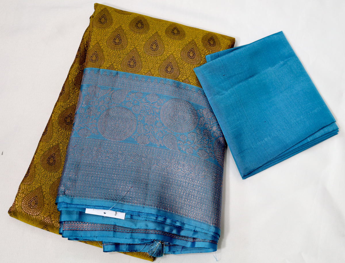 Moss Green Kanjivaram Saree with Sky Blue Border