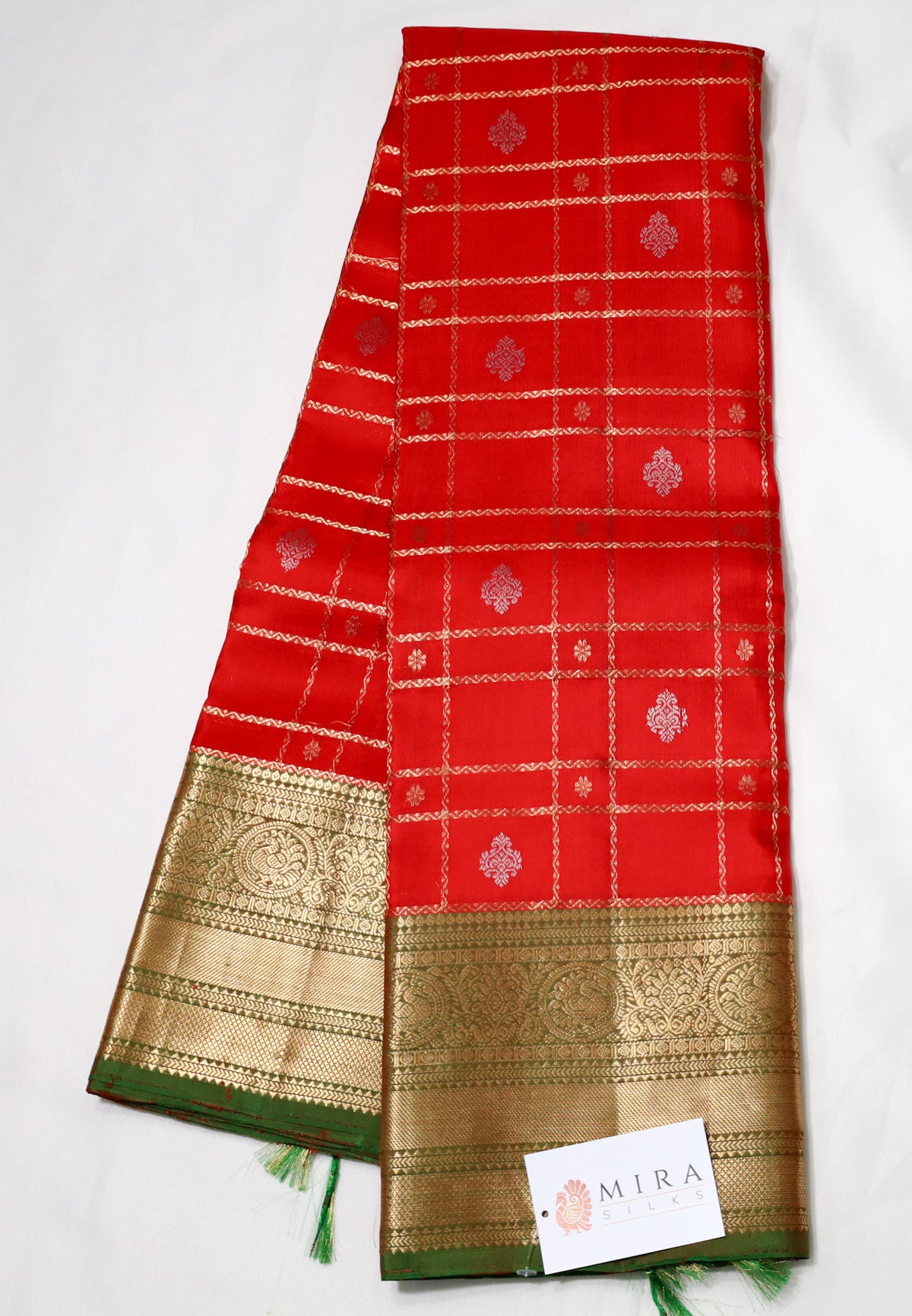 Chilli Red Checkered Kanjivaram Saree with sea green Border