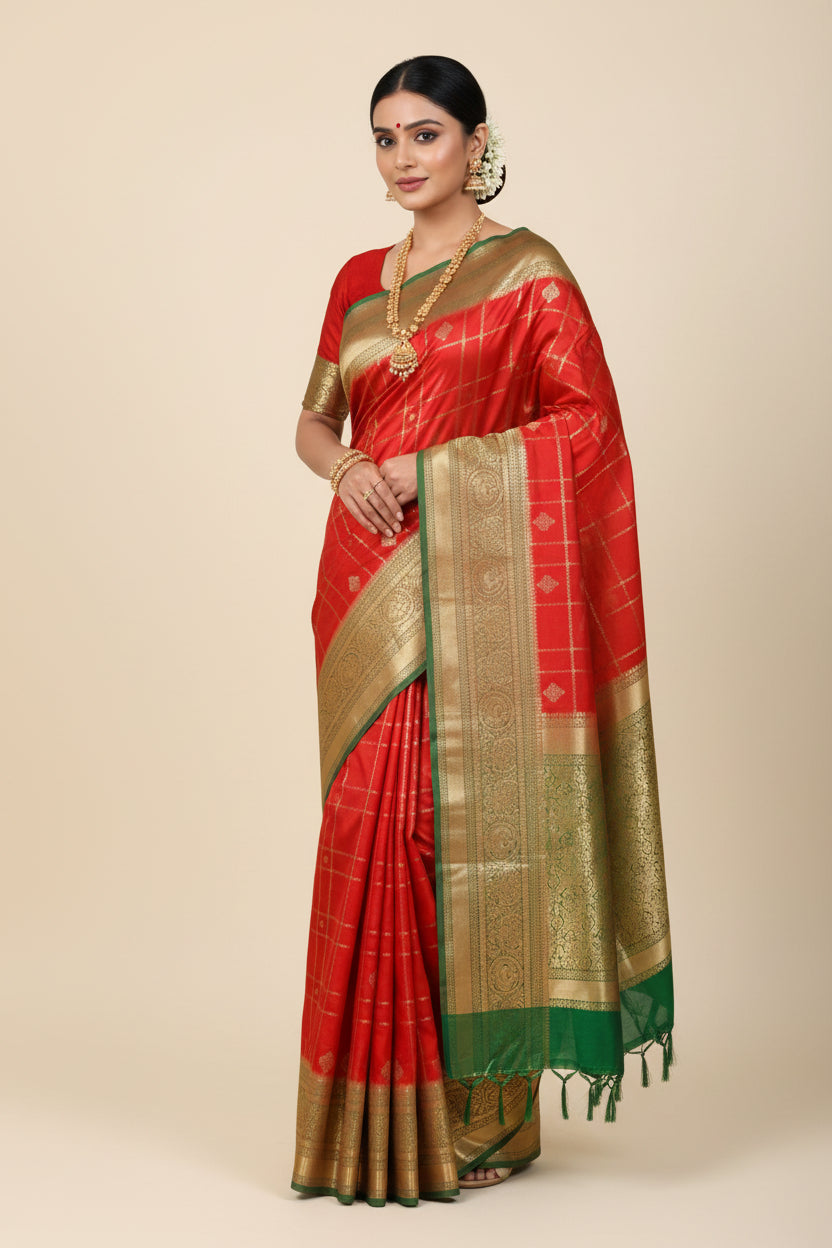 Chilli Red Checkered Kanjivaram Saree with sea green Border