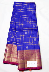 Royal Blue Red Checkered Kanjivaram Saree with maroon Border