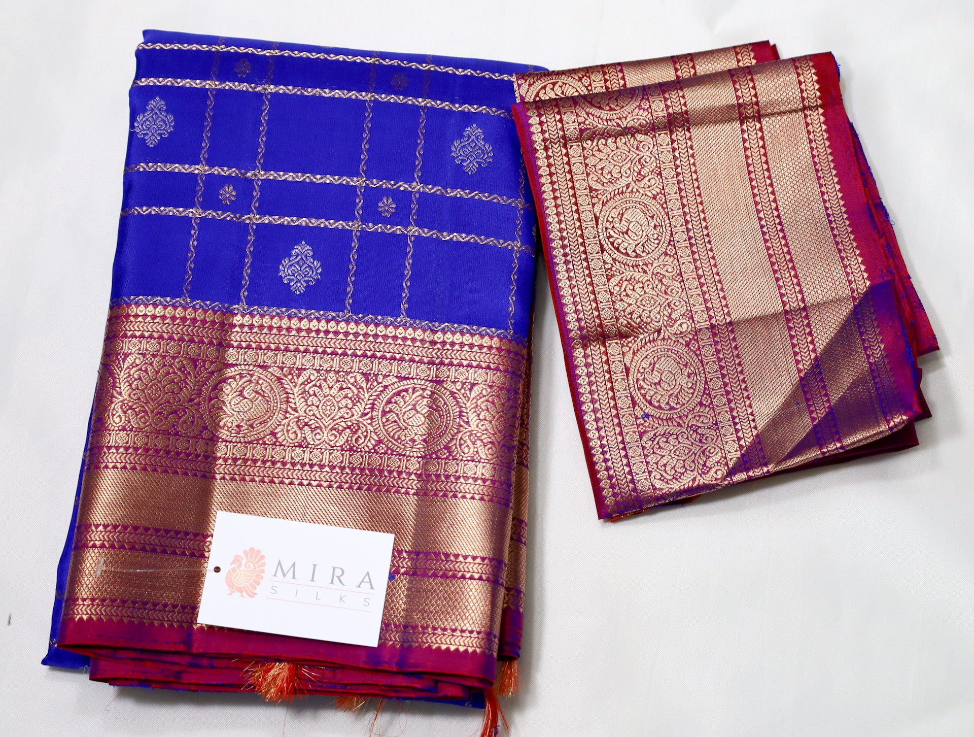 Royal Blue Red Checkered Kanjivaram Saree with maroon Border