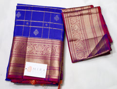 Royal Blue Red Checkered Kanjivaram Saree with maroon Border