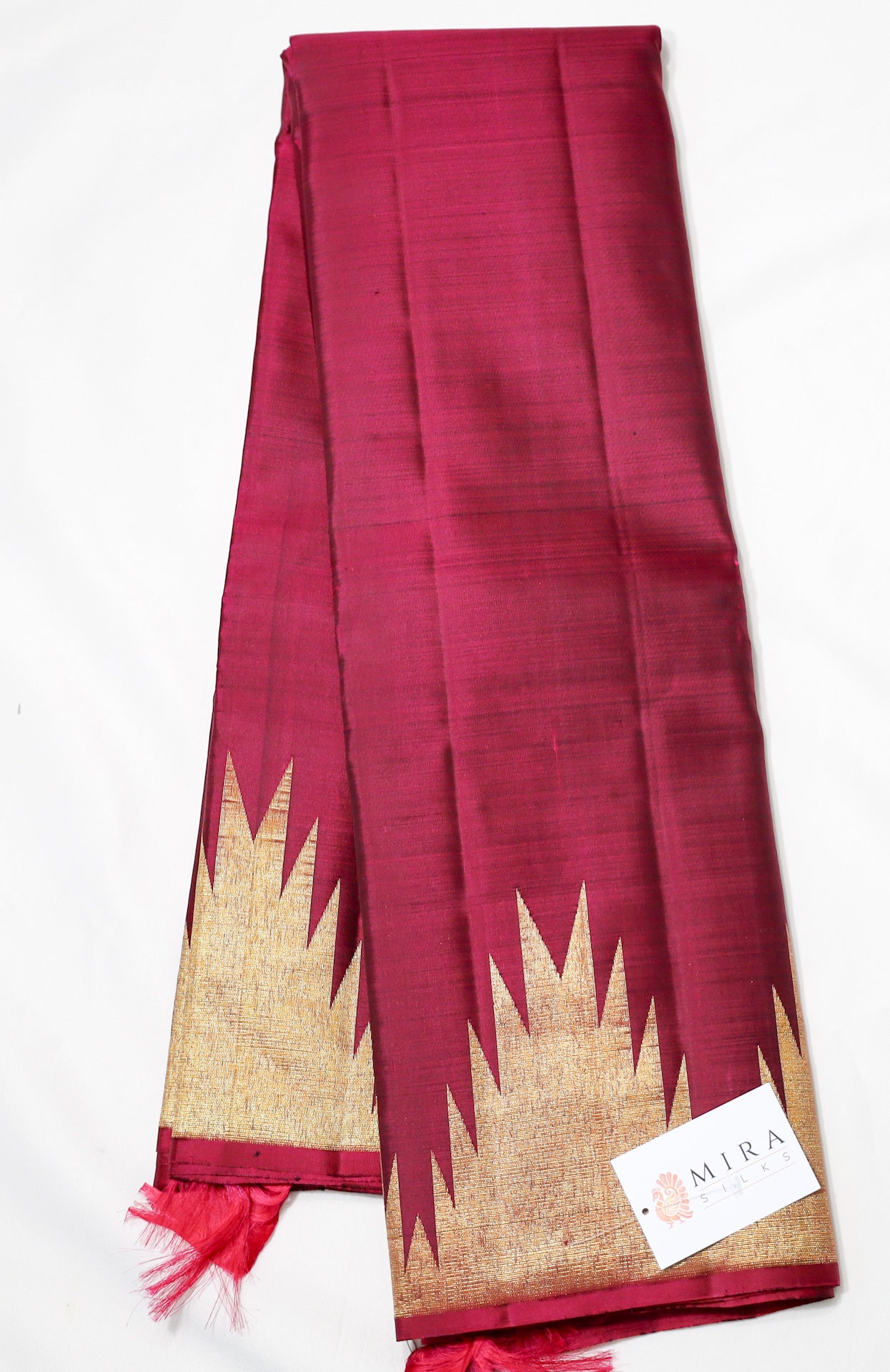 Maroon Red Kanjivaram Saree with Golden Temple Border