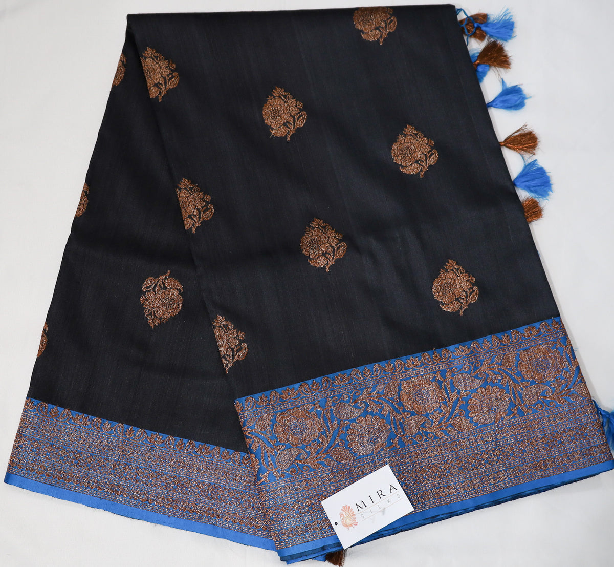 Black Banarasi Katan Silk Saree  with Blue Flower Border