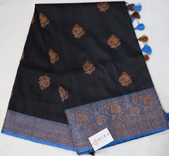 Black Banarasi Katan Silk Saree  with Blue Flower Border