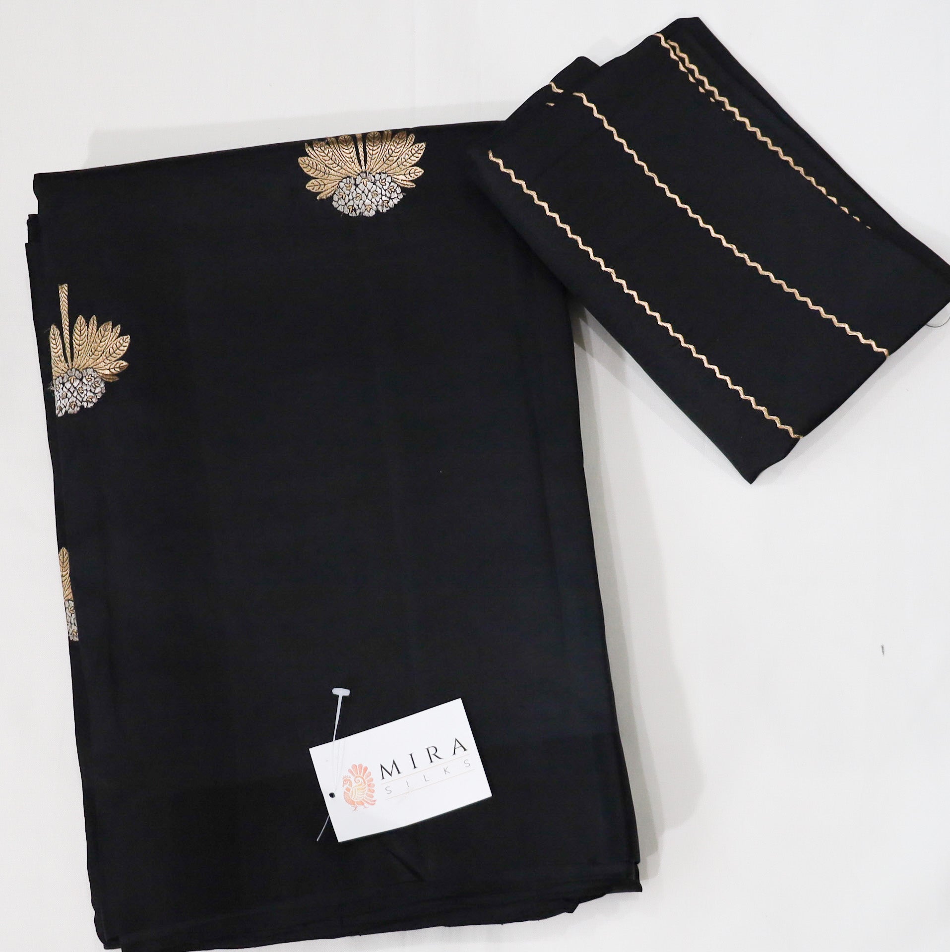 Black Raw Mango Saree with Golden Silver Flower Buttas