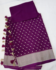 Purple Banaras Saree with Silver border and all over buttas