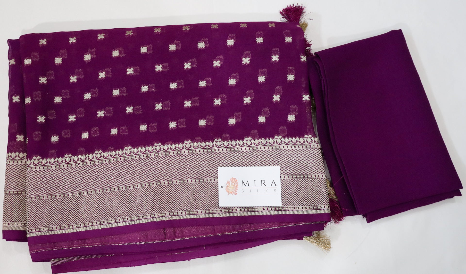 Purple Banaras Saree with Silver border and all over buttas