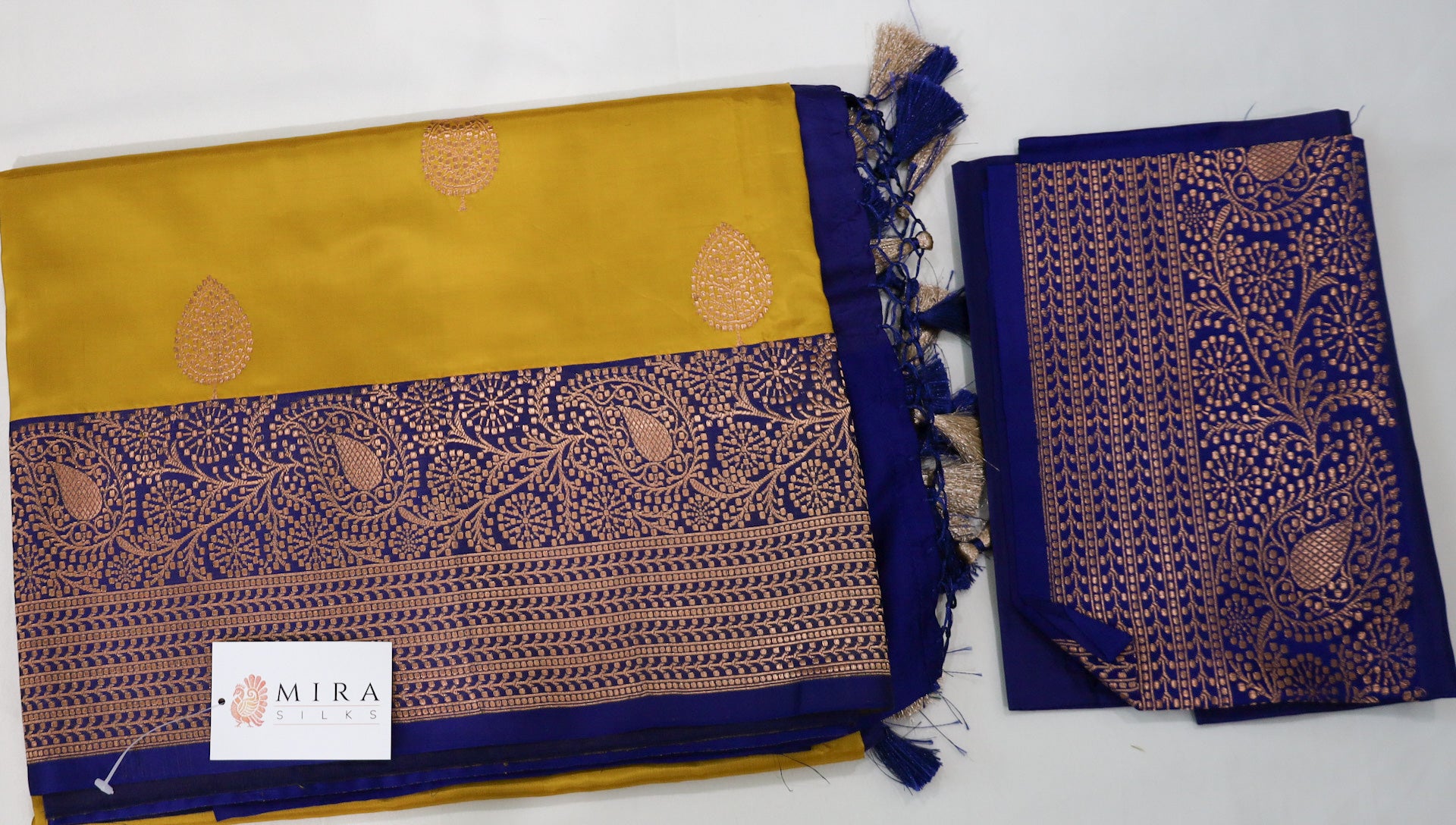Mustard Yellow Banaras Katan Silk Saree with Blue Border
