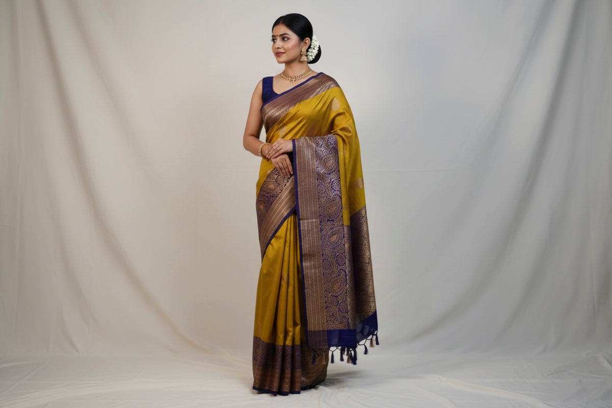 Mustard Yellow Banaras Katan Silk Saree with Blue Border