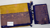 Mustard Yellow Banaras Katan Silk Saree with Blue Border