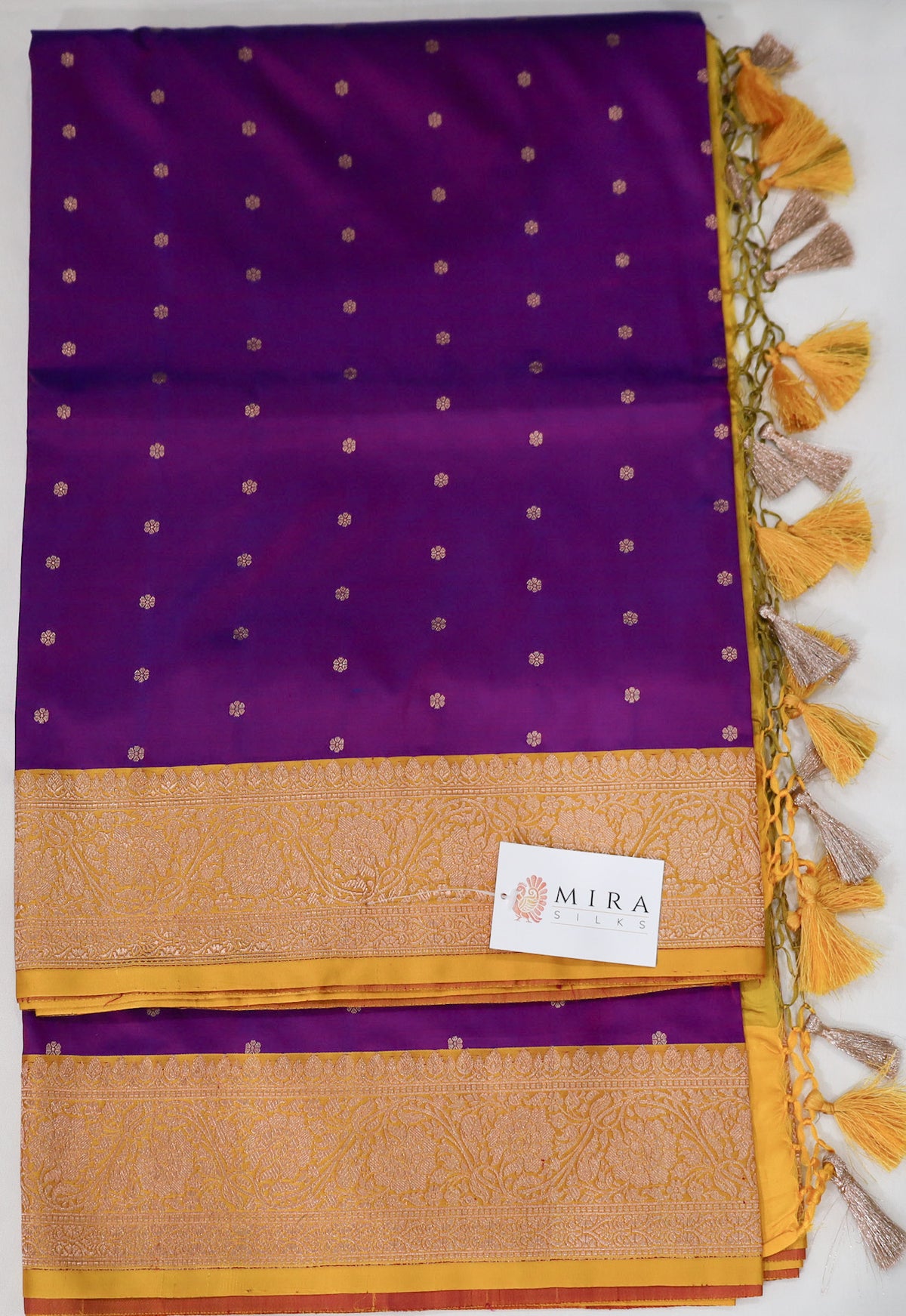 Purple Banaras Katan Silk Saree with Mustard Yellow Border