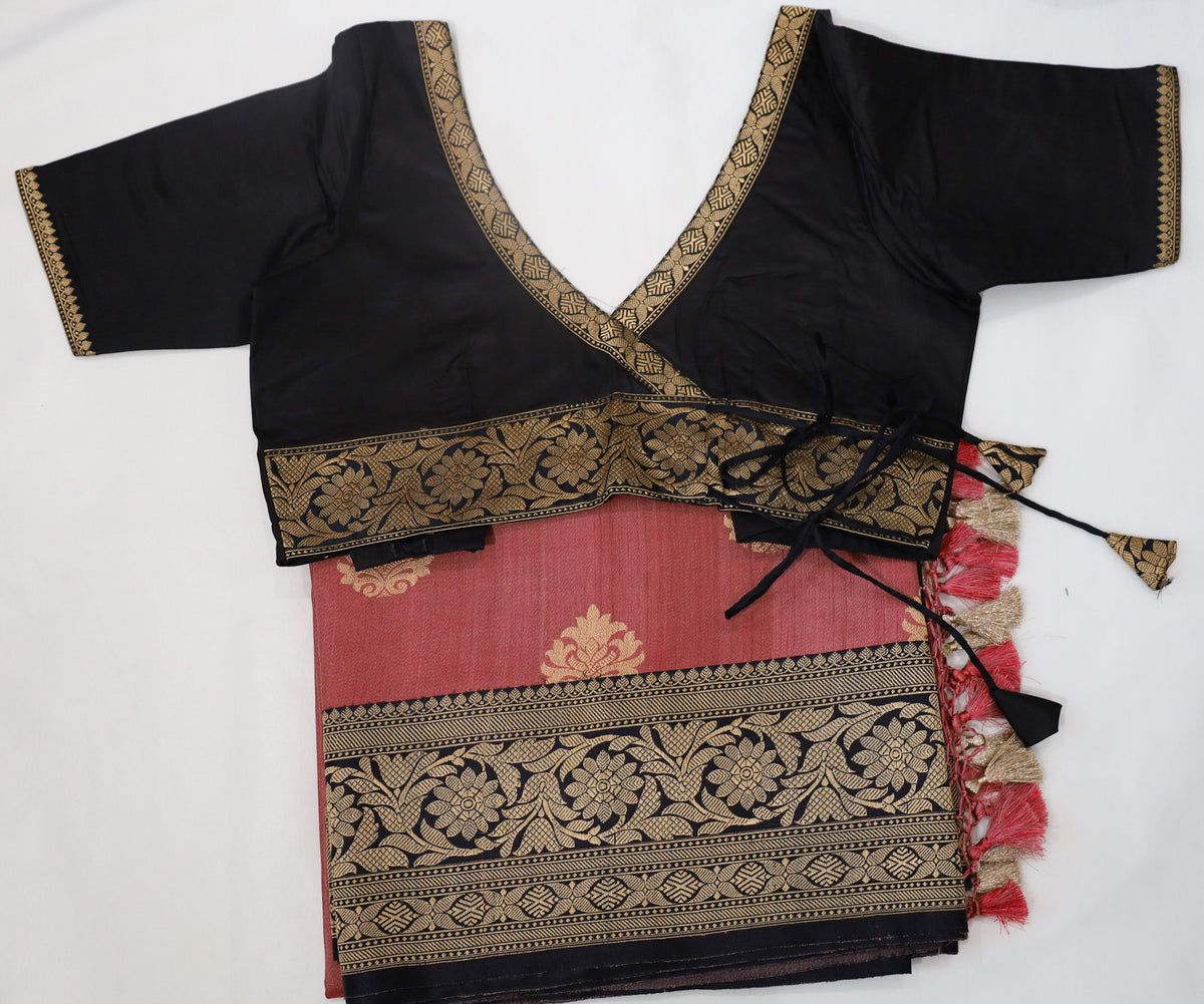 Peach Banaras Silk Saree with stiched Blouse