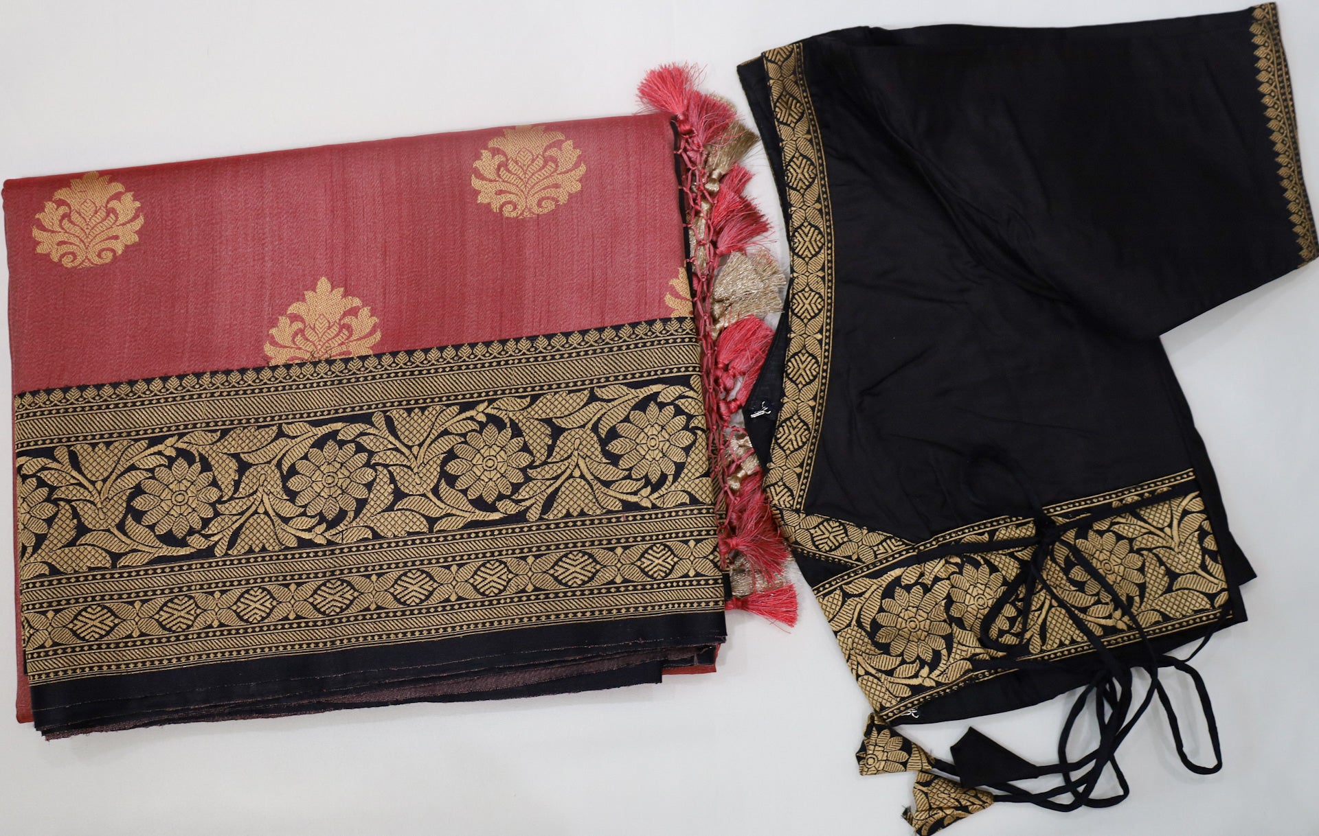 Peach Banaras Silk Saree with stiched Blouse