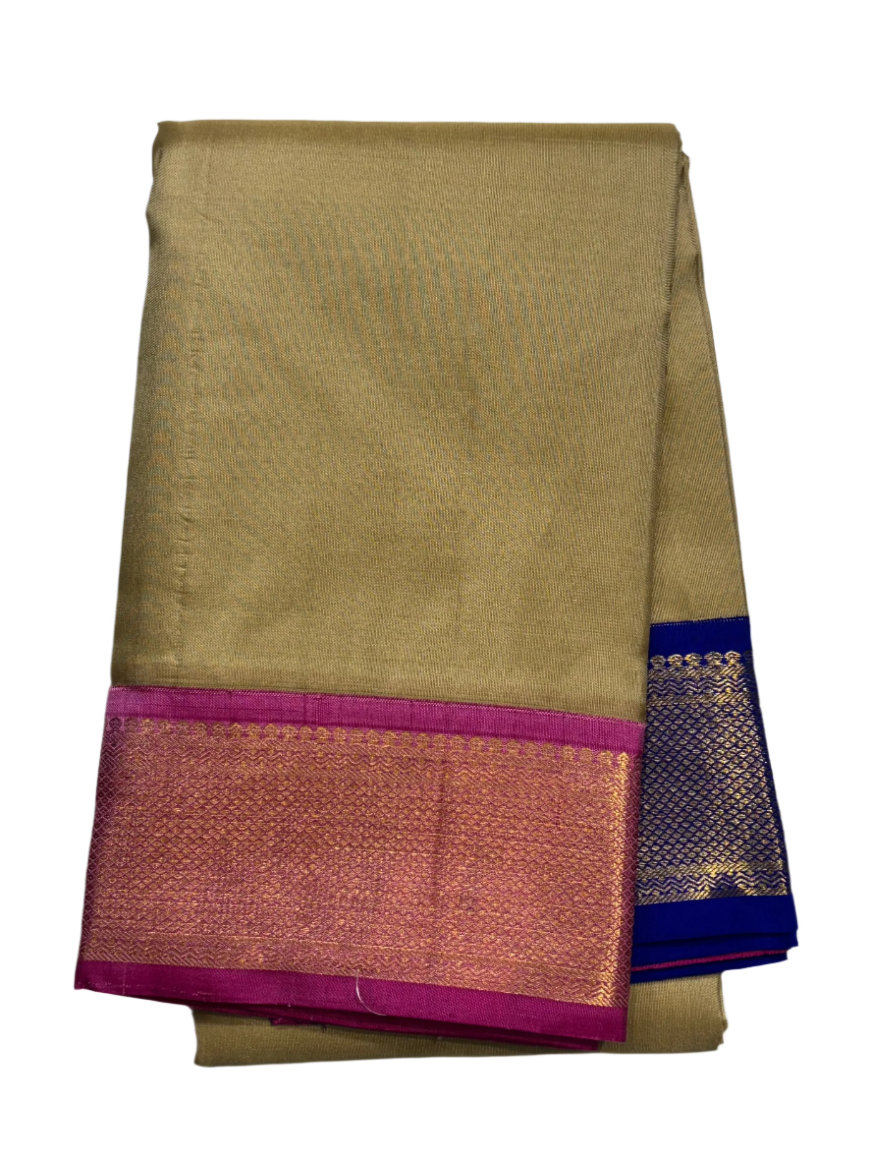 Beige Kanjivaram Saree with Pink and Dark Blue Border