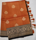 Rust Orange Banaras Tussar Silk Saree with Black Border