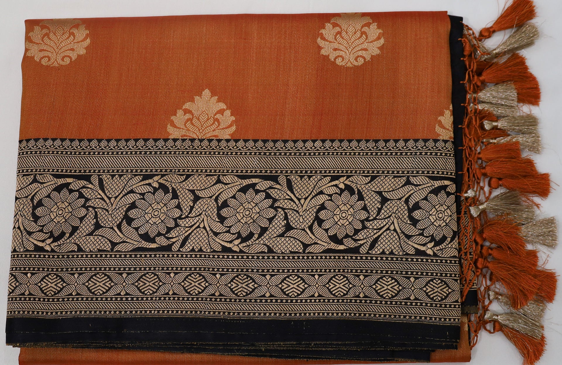 Orange Banaras Silk Saree with Black Border