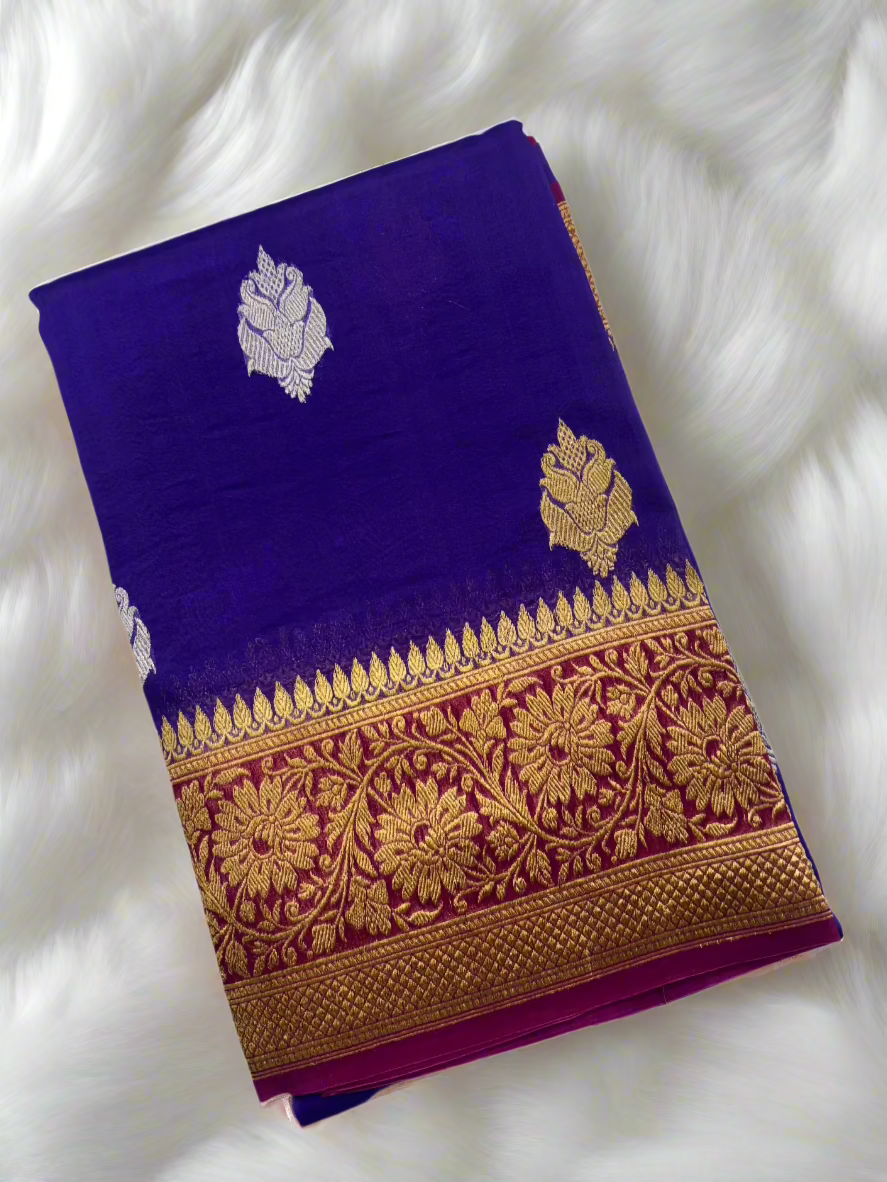 Indigo Banaras Organza Saree With Pink Border