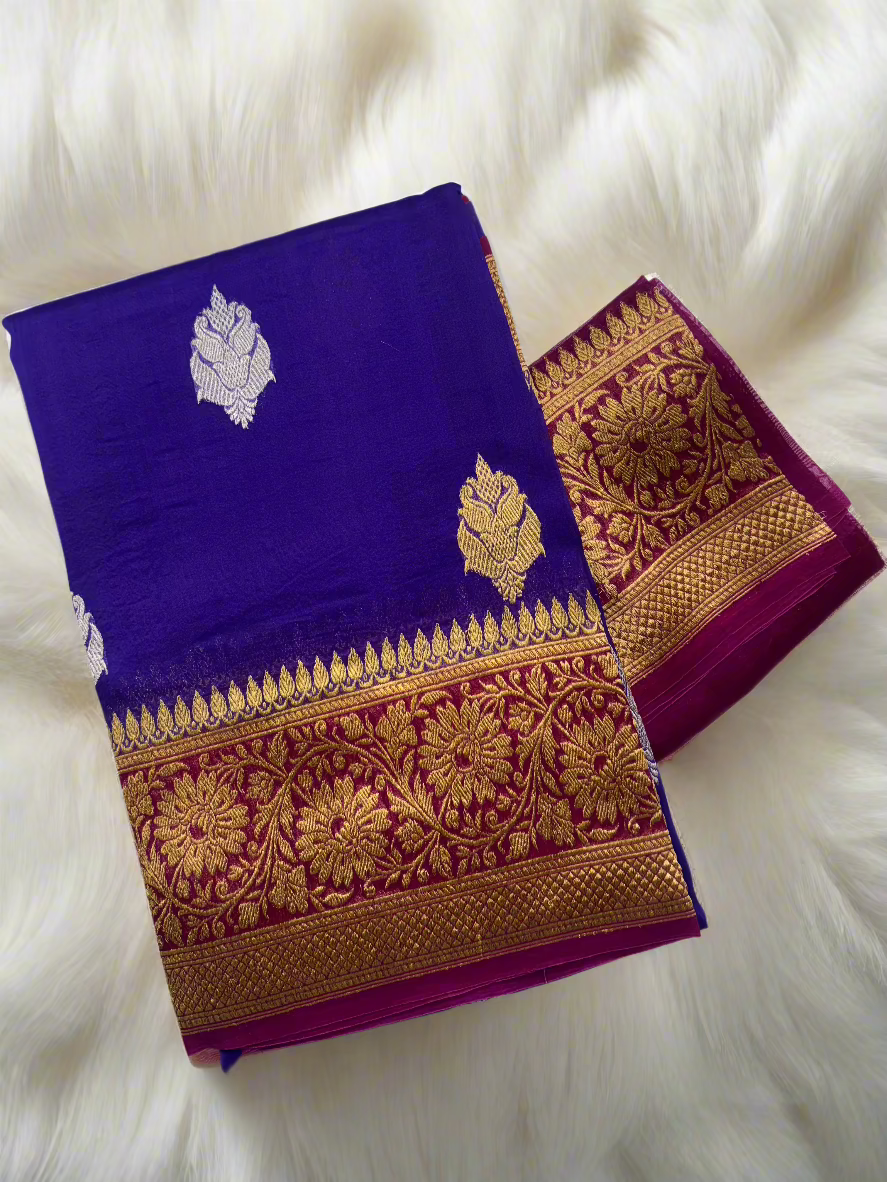 Indigo Banaras Organza Saree With Pink Border