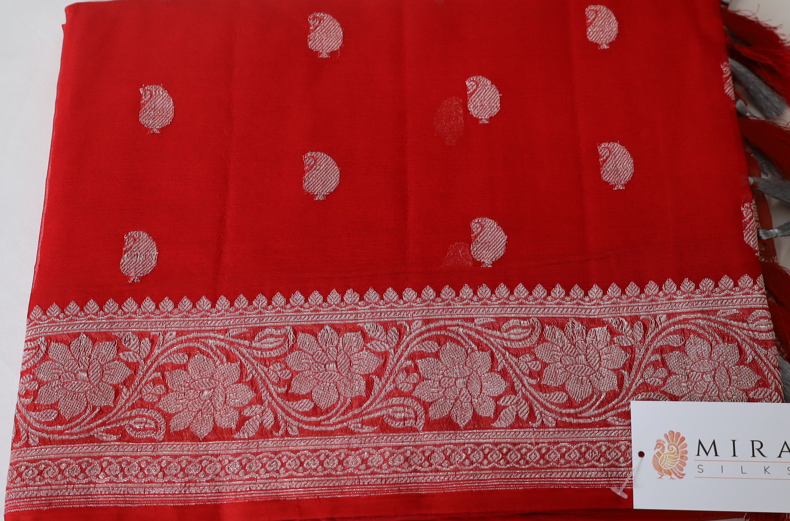 Chilli Red Banaras Chiffon Saree With Silver zari