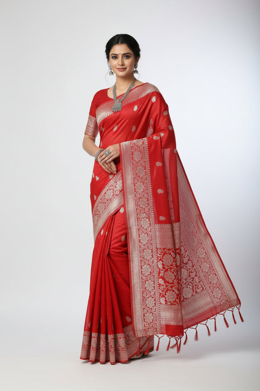 Chilli Red Banaras Chiffon Saree With Silver zari