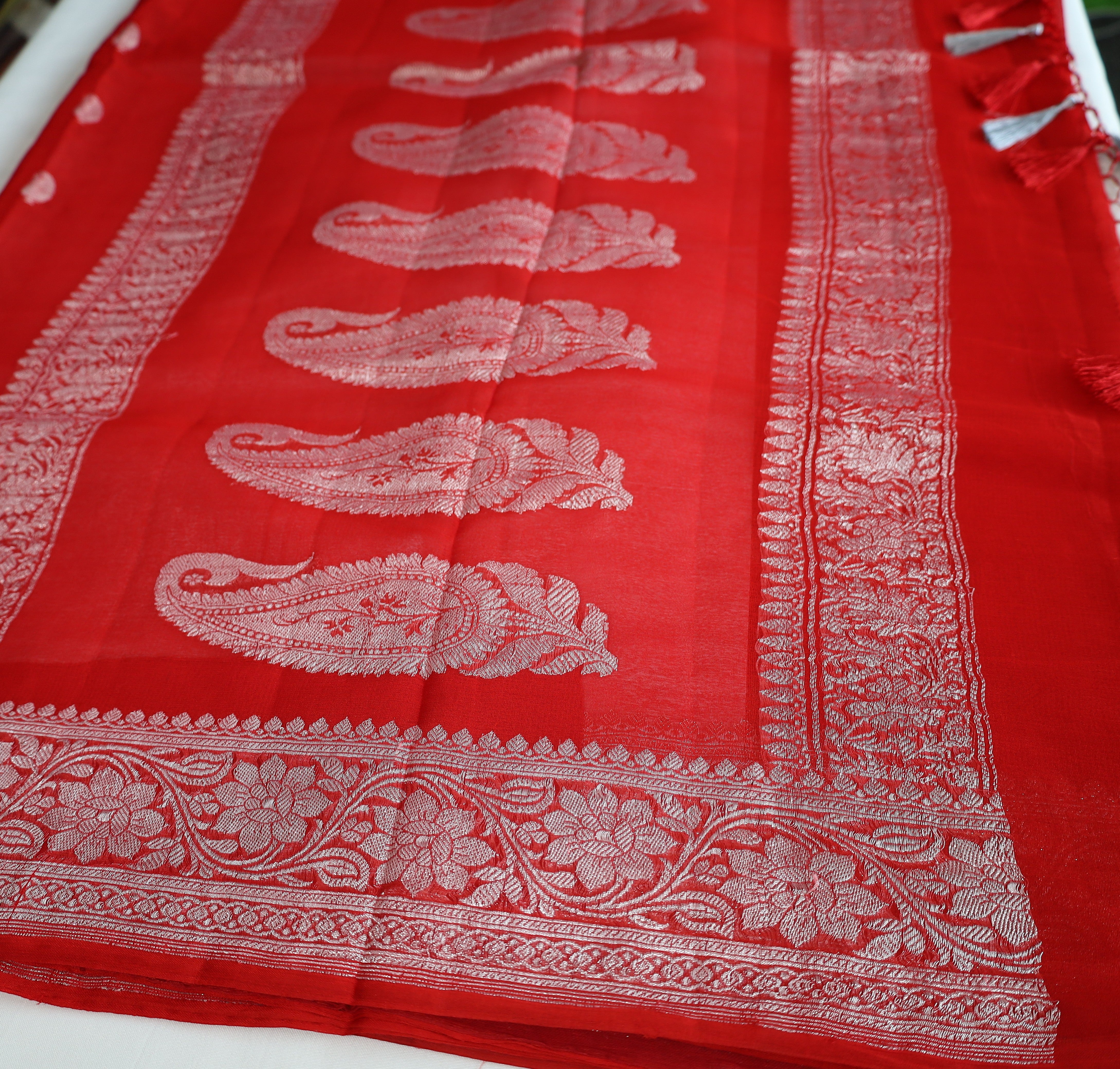 Chilli Red Banaras Chiffon Saree With Silver zari