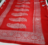 Chilli Red Banaras Chiffon Saree With Silver zari