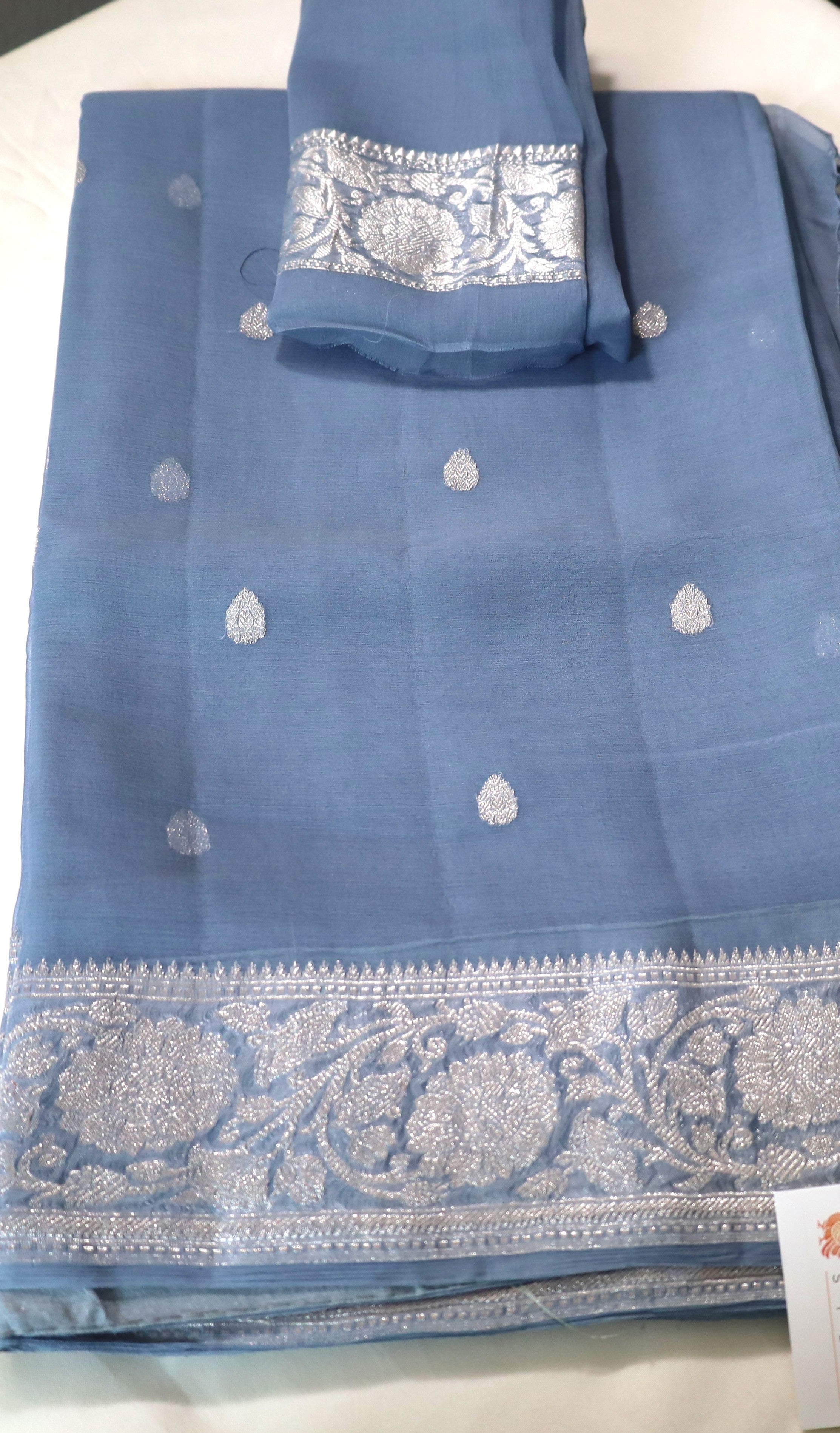 Gray Banaras Chiffon Saree With Silver zari
