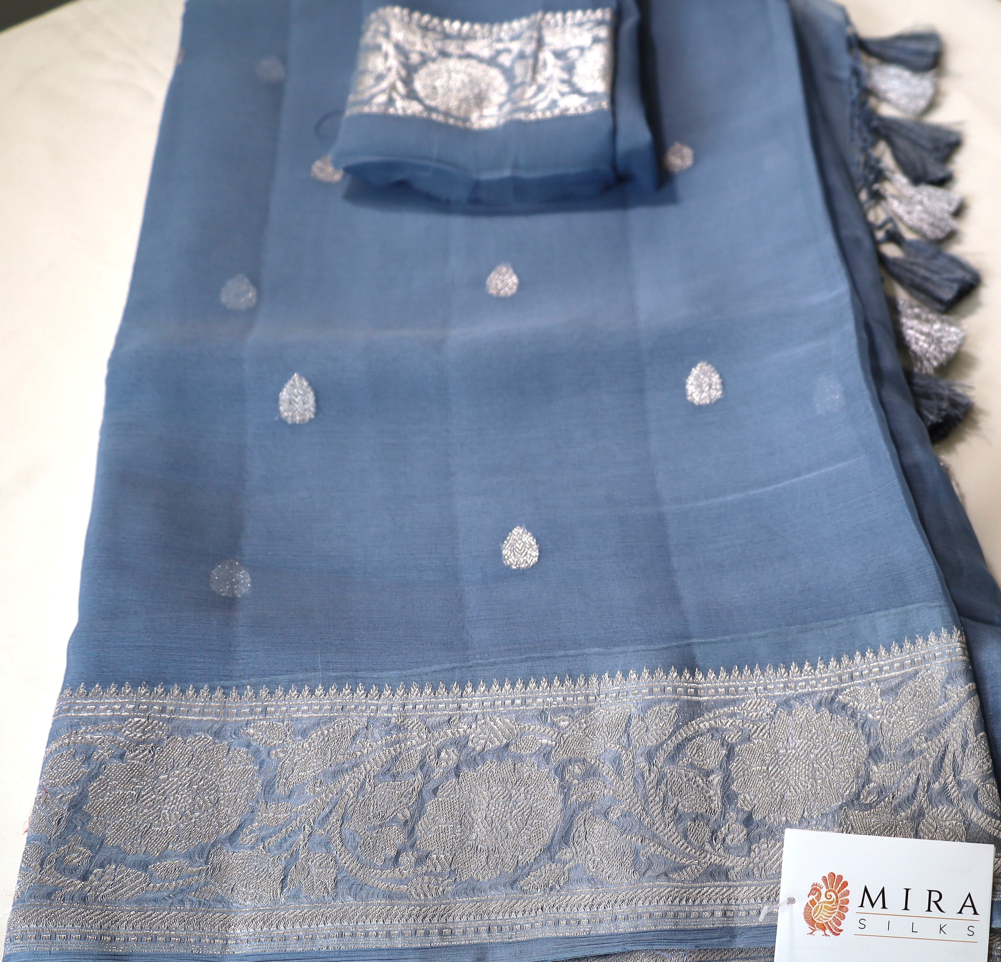 Gray Banaras Chiffon Saree With Silver zari