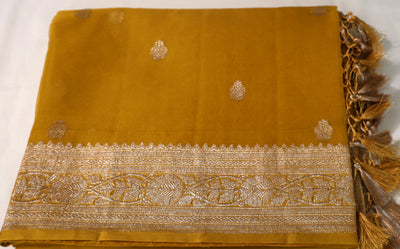 Mustard Yellow Banaras Chiffon Saree With Silver zari