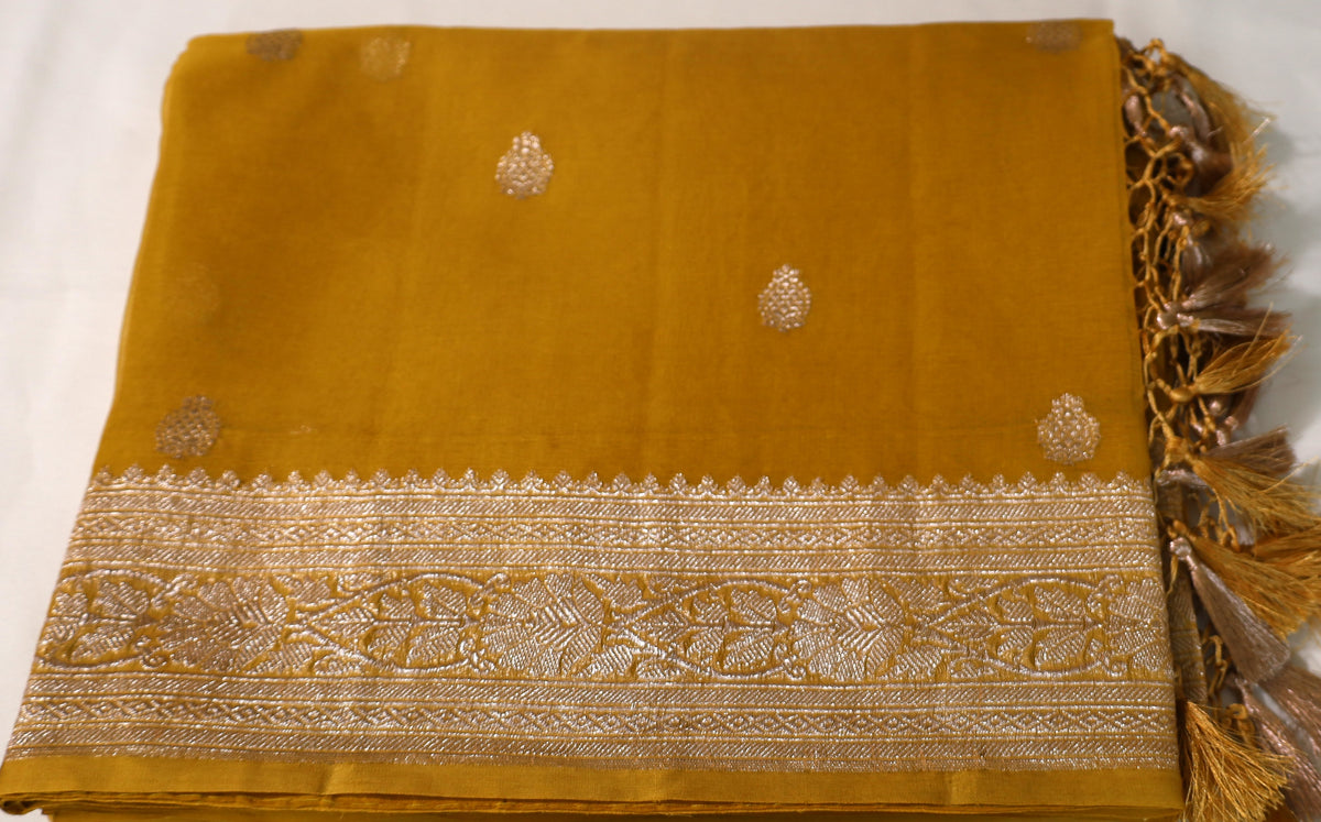 Mustard Yellow Banaras Chiffon Saree With Silver zari