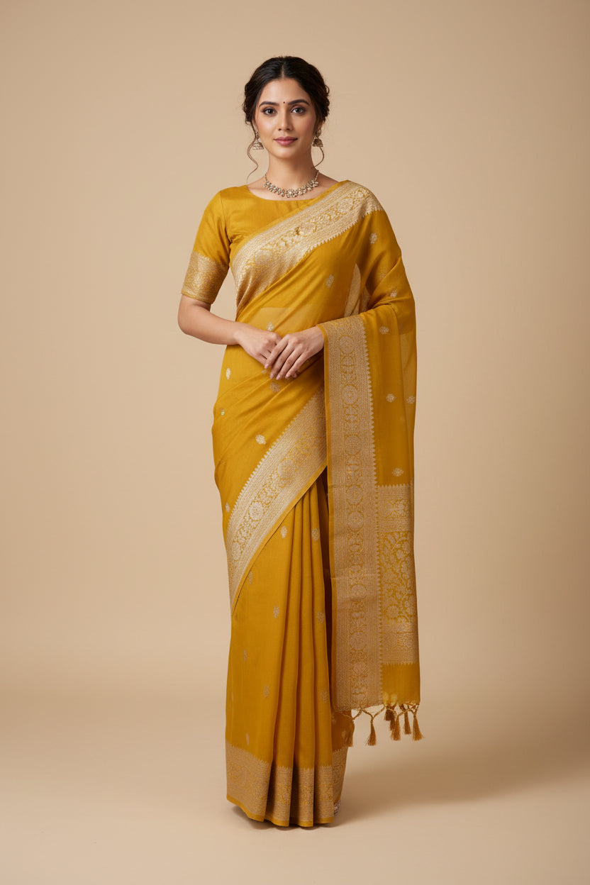Mustard Yellow Banaras Chiffon Saree With Silver zari