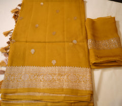 Mustard Yellow Banaras Chiffon Saree With Silver zari