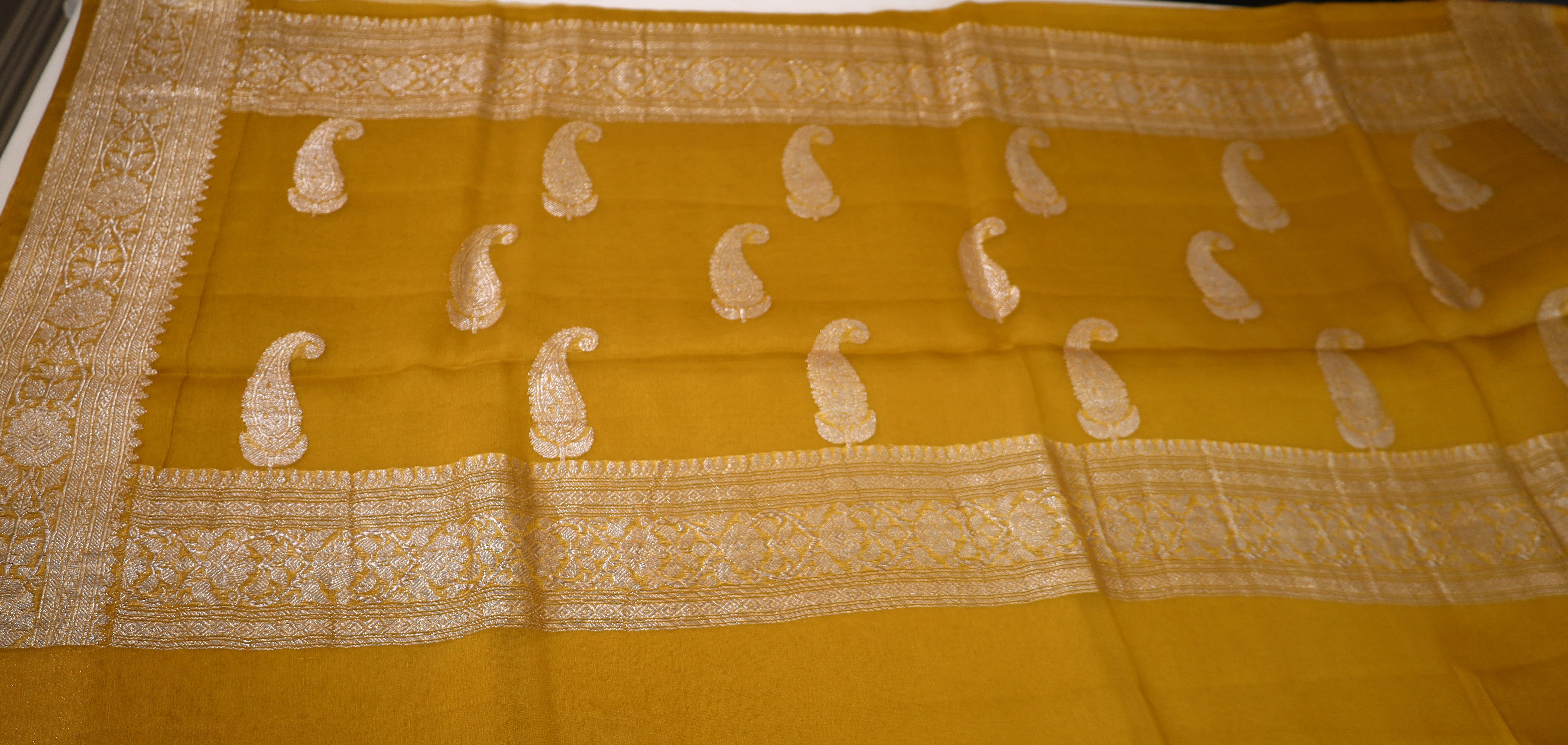 Mustard Yellow Banaras Chiffon Saree With Silver zari
