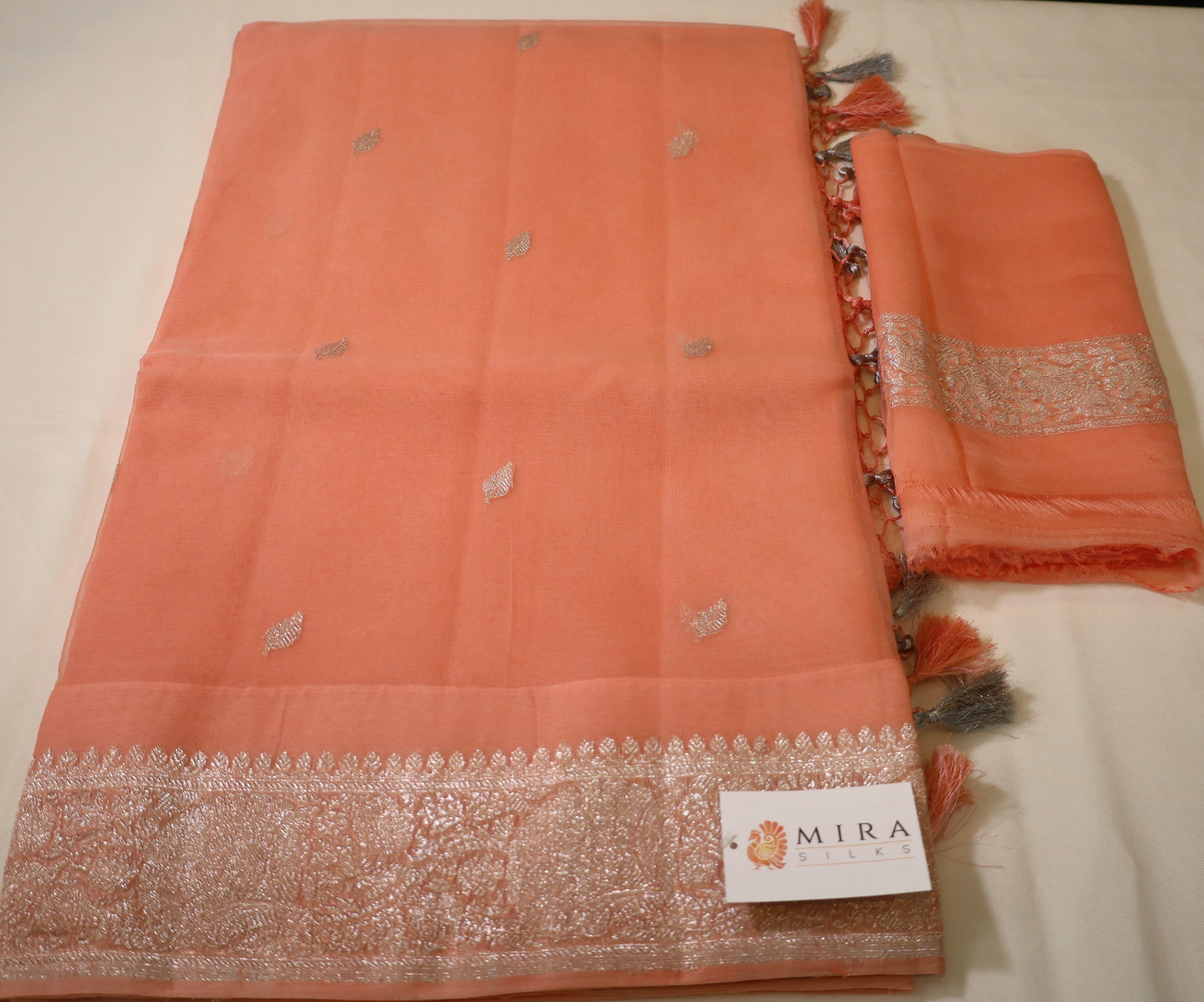 Peach Orange Banaras Chiffon Saree With Silver zari