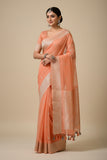 Peach Orange Banaras Chiffon Saree With Silver zari