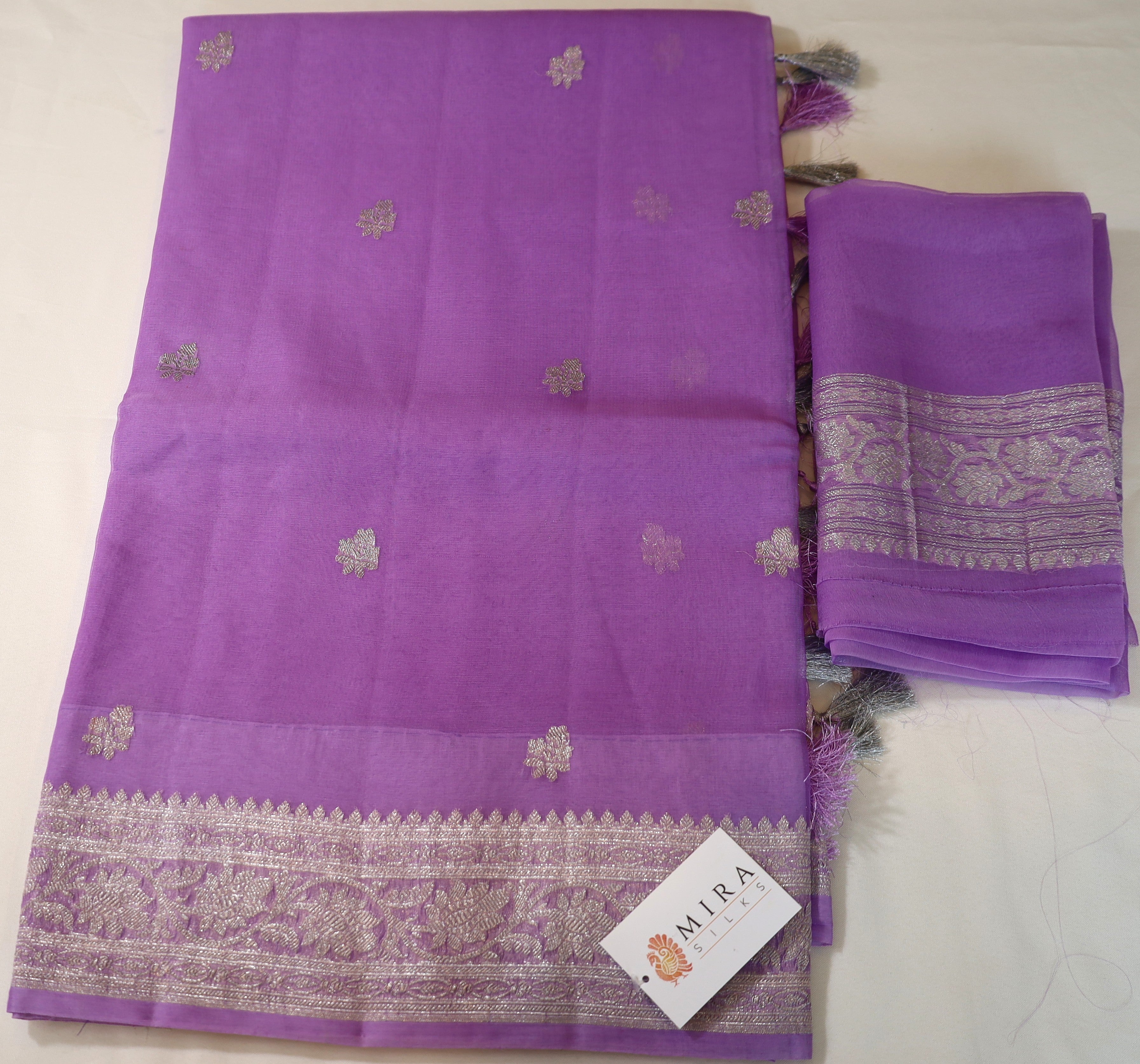 Purple Banaras Chiffon Saree With Silver zari