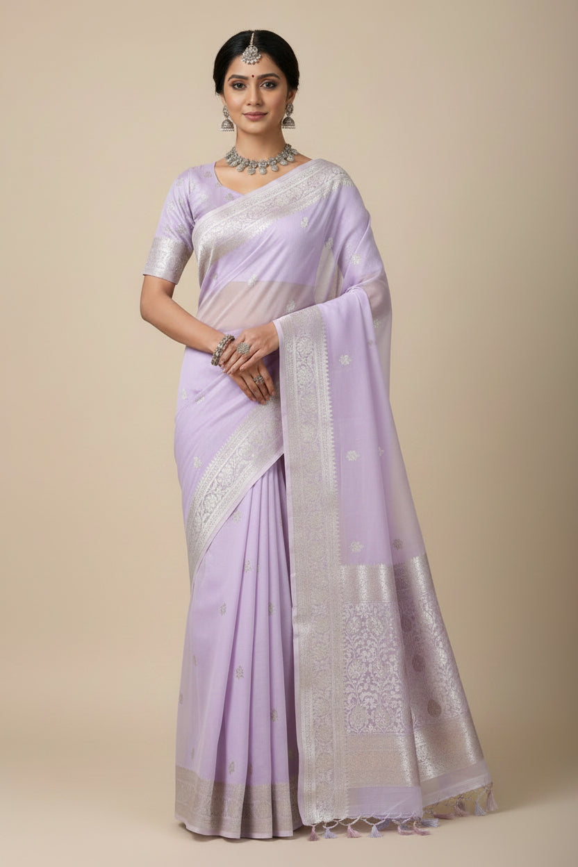 Purple Banaras Chiffon Saree With Silver zari