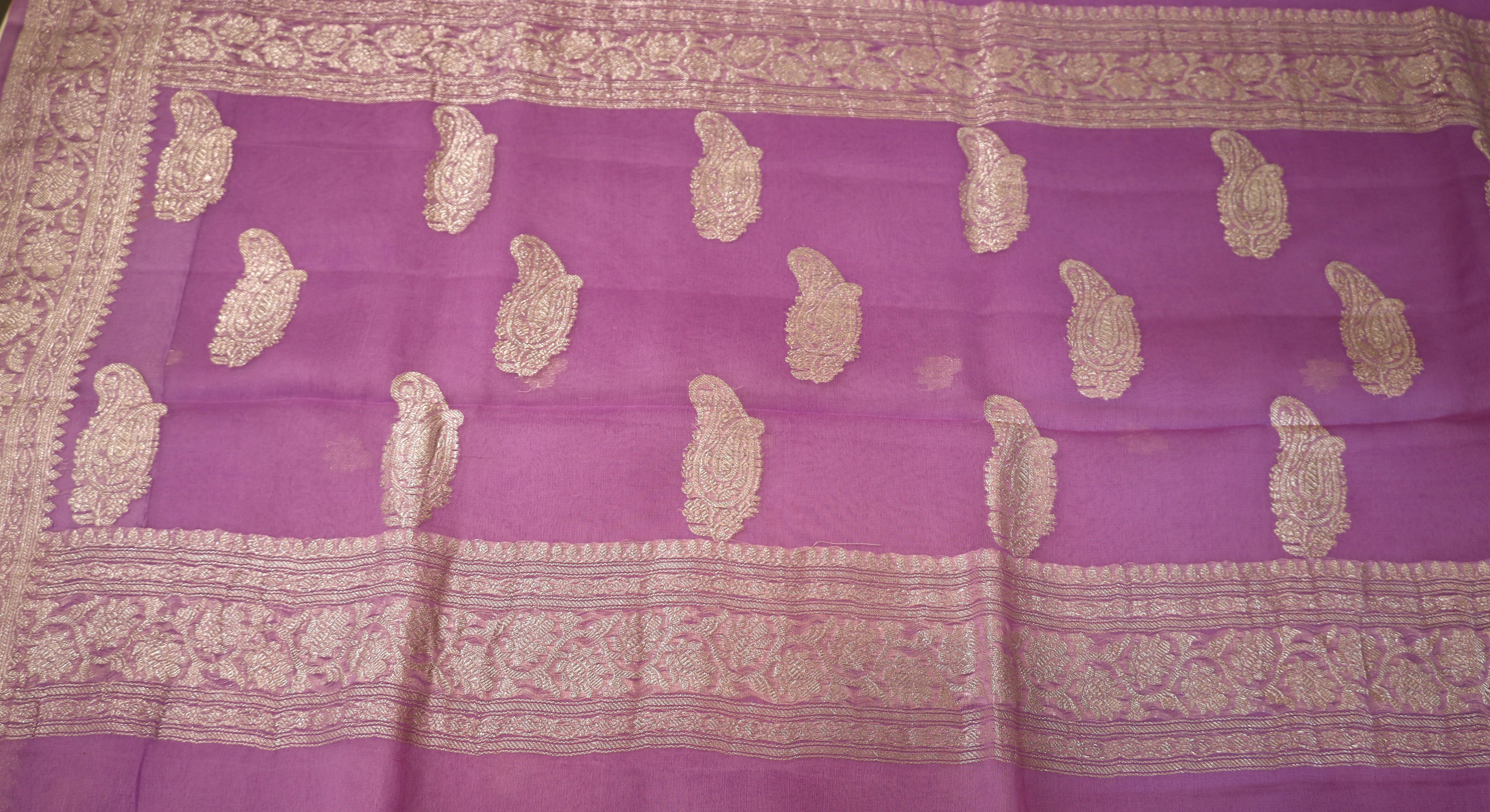 Purple Banaras Chiffon Saree With Silver zari