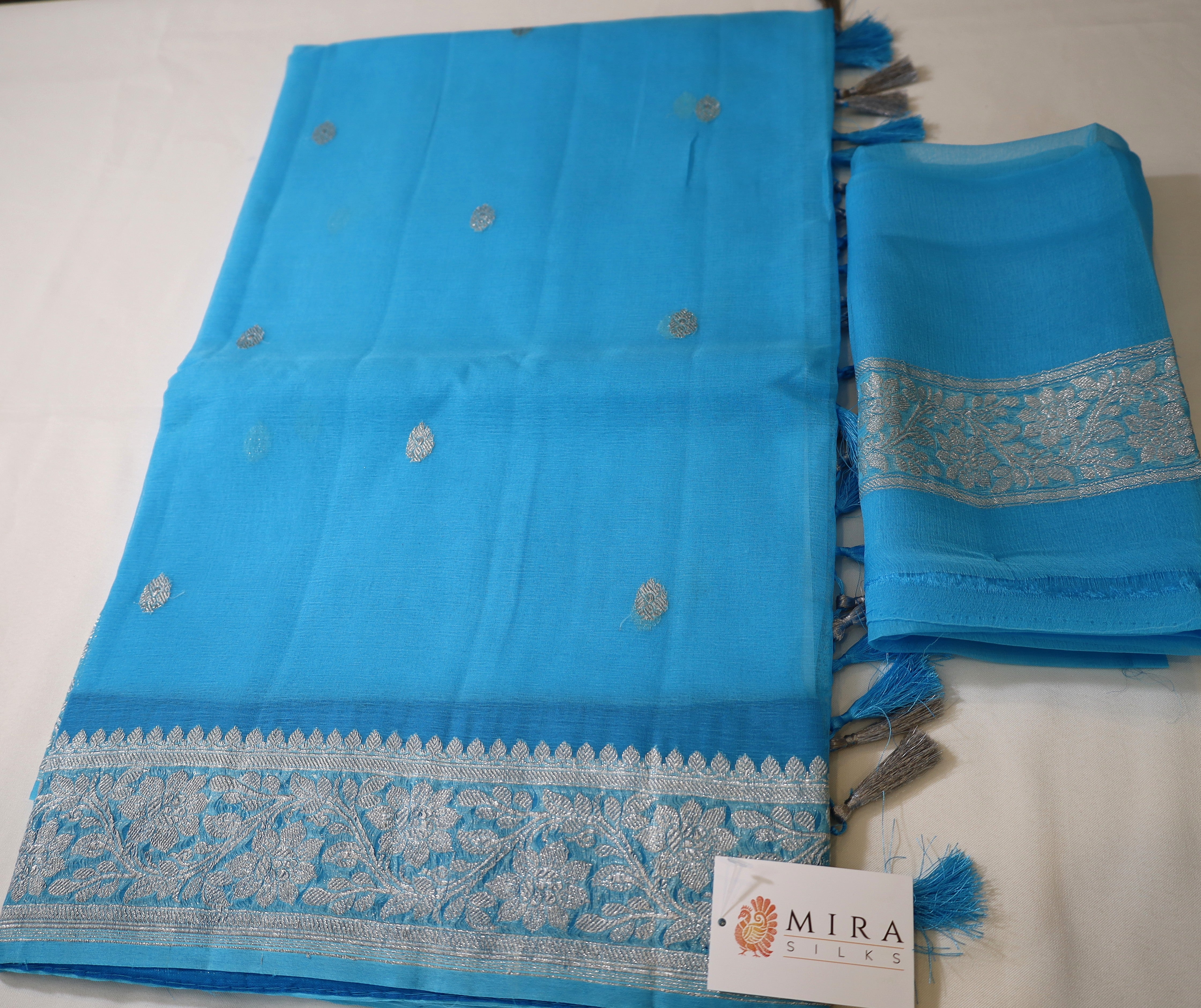 Blue Banaras Chiffon Saree With Silver zari