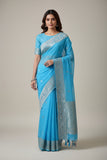 Blue Banaras Chiffon Saree With Silver zari