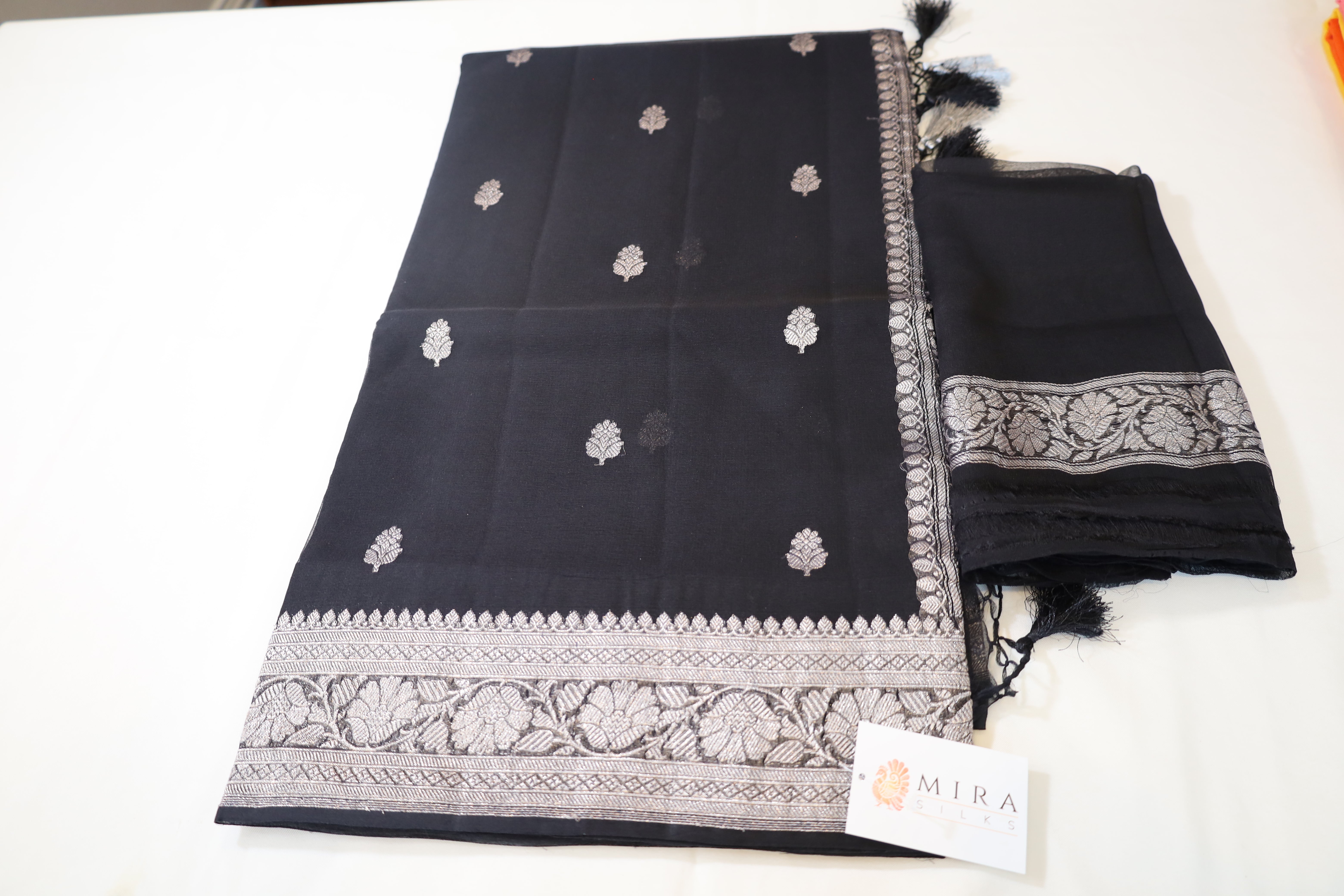 Black Banaras Chiffon Saree With Silver zari